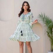 Women’s Mint Cotton Short Dress With Knot Belt And Flared Sleeves