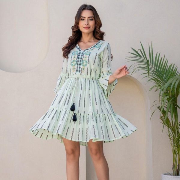 Women's Mint Cotton Short Dress With Knot Belt And Flared Sleeves