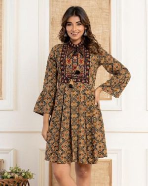 Embroidered Geometrical design Cotton Short Dress