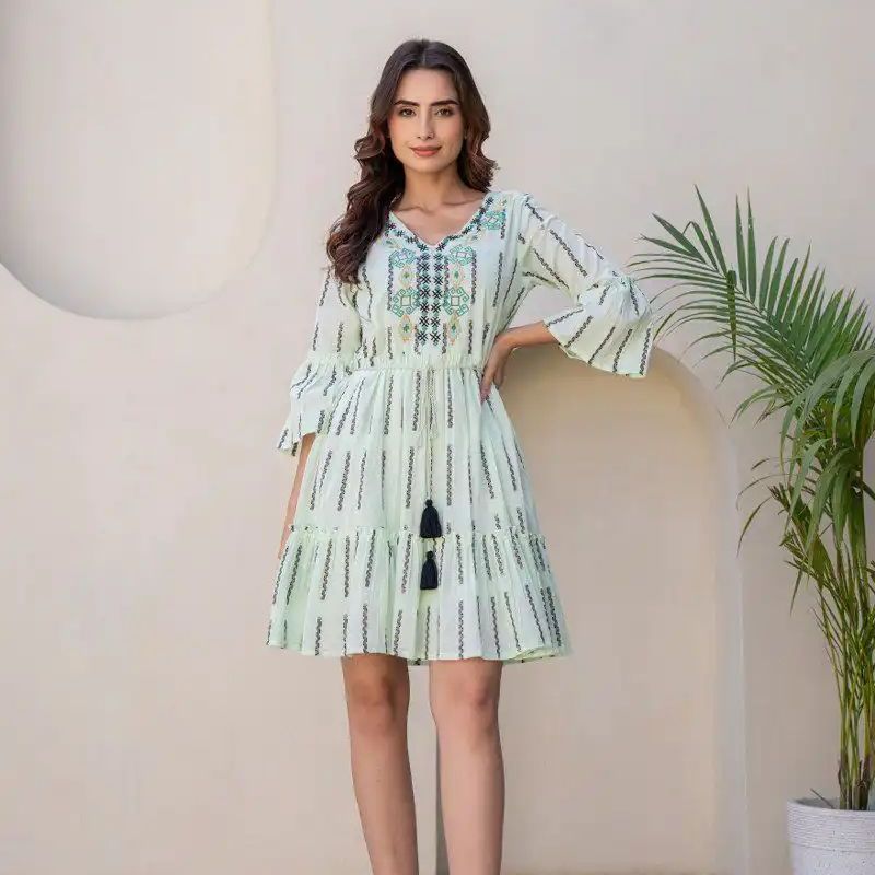 Women’s Mint Cotton Short Dress With Knot Belt And Flared Sleeves